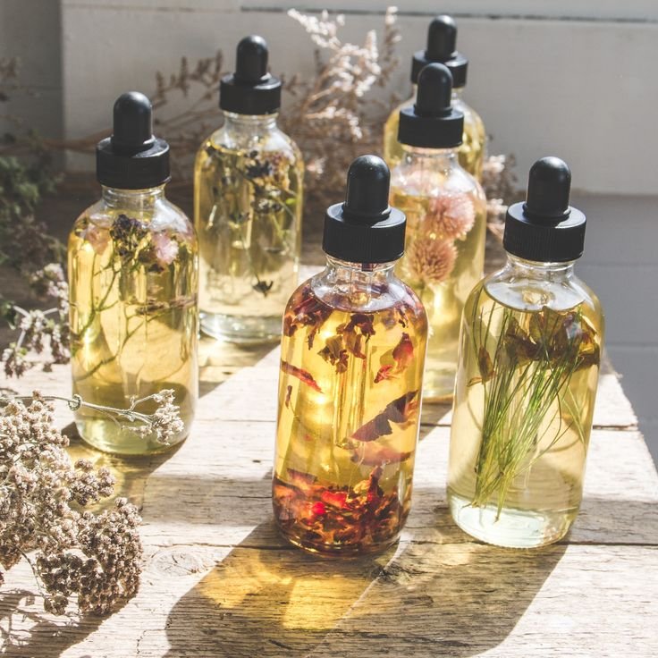 Pressed oils and serums in glass bottles