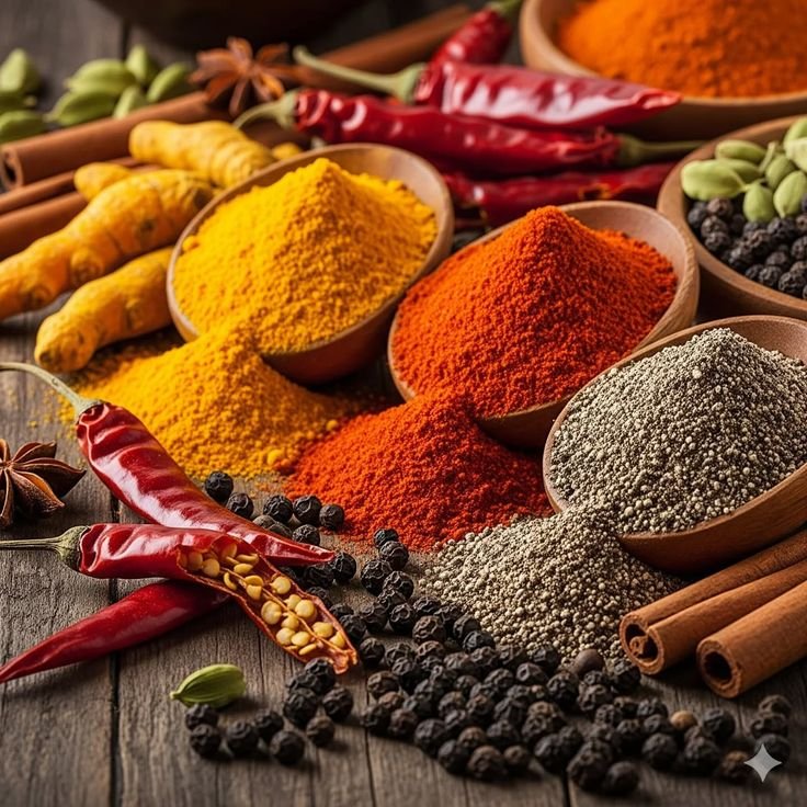 Whole and ground spices in bowls